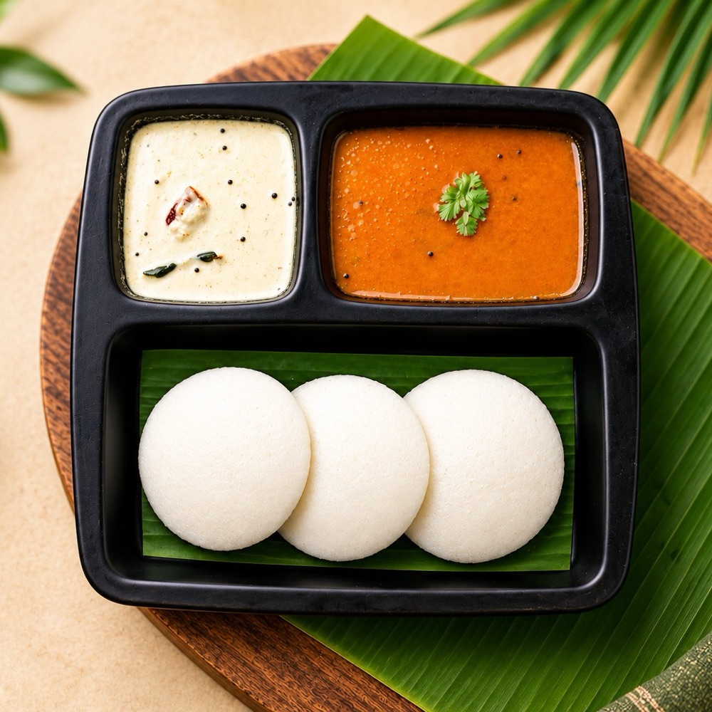Live idli with coconut chutney and sambar on a banana leaf